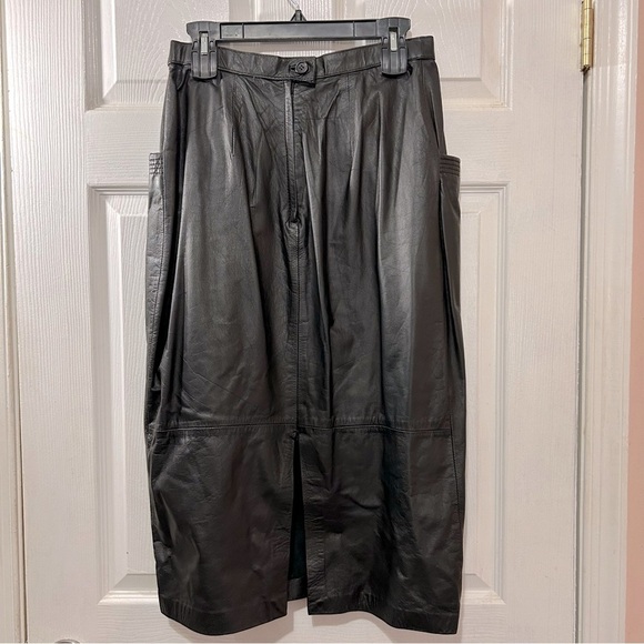 Black Leather Skirt Vintage 80s Avanti 14 Pencil Straight Pockets Lined Y2K - Picture 2 of 9